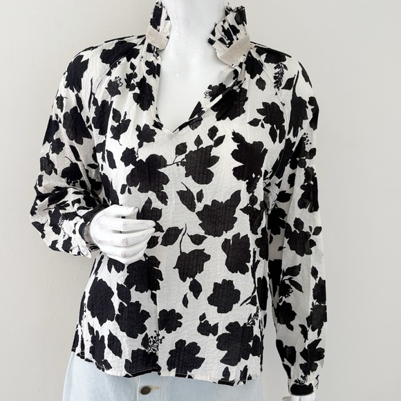 A Shirt Thing Tops - A Shirt Thing Penelope Cabo Top Black & White Floral High Ruffle Collar Cotton